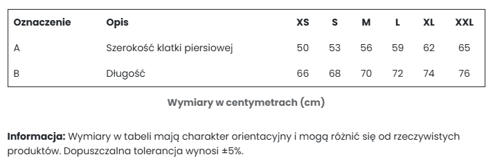 Tabela rozmiarów bluzy bez kaptura